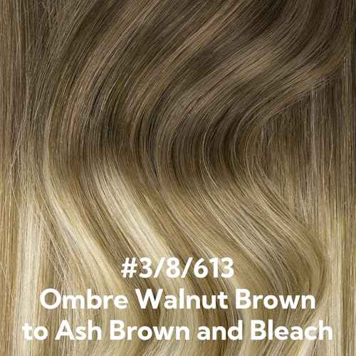 HOTBANANA Invisi Edge Clip in Hair Extensions, 18inch 110g 7Pcs Injected Seamless Clip in Extensions Real Human Hair Ombre Walnut Brown to Ash Brown and Bleach PU Hair Extensions Straight Hair