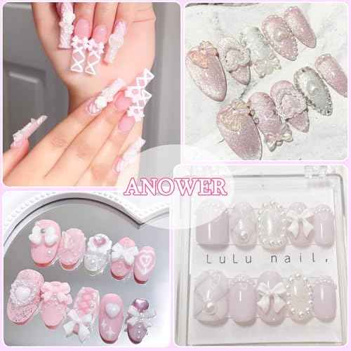 2 Boxes 3D Nail Charms Set, 8 Colors Nail Bows Charms, Multi Color Bow Flower Butterfly Moon Heart Pearls Acrylic Nail Art Charms, Nail Charms and Gems, Nail Art Pearl Rhinestones for Nail Art DIY