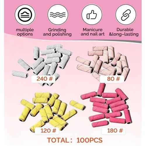 100Pcs Mini Nail Drill Sanding Bands with 3/32 Inch Mandrel Bit, 80/120/180/240 Grit Nail File for Acrylic Nails Gel Manicures and Pedicure