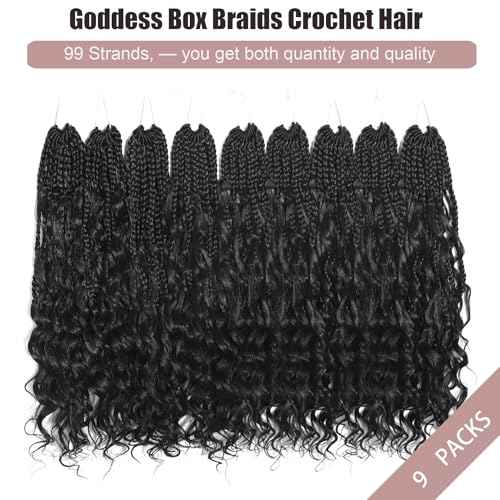 9 Packs Boho Box Braids Crochet Hair 14 Inch Pure Protein Fiber Similar to Human Hair Goddess Box Braids Crochet Hair With Curly Ends Pre Looped Bohemian Braid Hair Extension For Women(14 Inch, 1B)