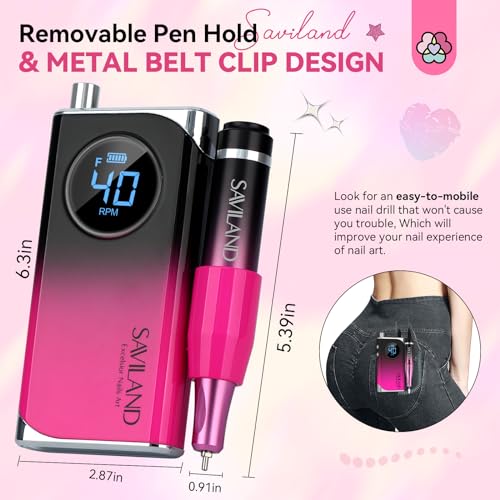 SAVILAND Professional Electric Nail Drill Machine: 40000RPM Rechargeable Nail Drill File with 4000mAh Battery, Ceramic Bit and Sanding Bands for Manicure, Pedicure, Shaping & Acrylic Removal Salon Use