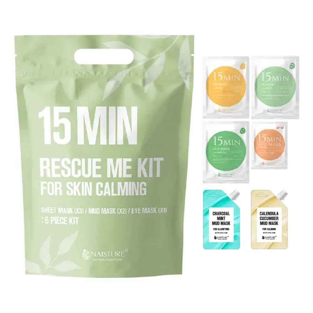 15 Min Rescue Me Kit by Naisture – Korean Spa and Revitalizing Skincare Kit for Women with Sheet, Eye, Mud Masks and Total Care Lip Balm Variety Pack