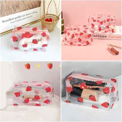 Clear Makeup Bag, Small Clear Toiletry Bag for Travel, Cosmetic Makeup Organizer Bags with Zipper, Plastic PVC Pouch Transparent Zip for Purse Reusable TSA Approved Quart Size (Strawberry)