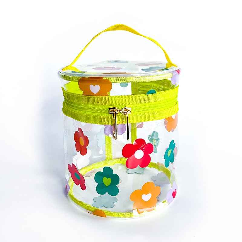 TotePrint Printed Flowers Clear Cylinder Travel Makeup Bag,Portable Waterproof Pouch with Handle Ideal for Women and Girl (D2064-3)