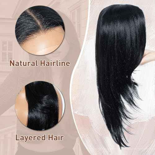 Joedir 28" Long Straight 13x4 Lace Frontal Wigs for Black Women Free Part Lace Front Wigs with Baby Hair Natural Hairline Black Root Easy-360 Synthetic Hair Wig Heat Resistant Fiber (Jet Black)