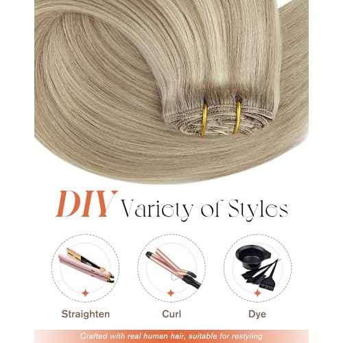 Sunny Hair Clip in Hair Extensions Straight Human Hair Clip in Extensions Remy Clip in Hair Extensions Real Human Hair Extensions Clip ins Golden Blonde Highlights Light Blonde 18inch