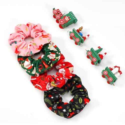 Christmas Hair Scrunchies for Women Girls Green Pink Santa Claus Snowman Bell Snowflake Hair Ties Xmas Cute Elastic Scrunchy Ponytail Holder Hair Accessories Christams Gifts