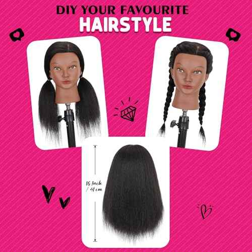 Mannequin Head with Human Hair 16" Cosmetology Manikin Doll Head 100% Real Human Hair for Styling Hairdresser Practice Braiding with Tripod Set