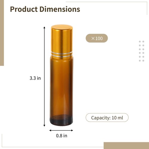 100 PCS 10 ml Amber Roller Bottles for Essential Oils - Empty Brown Glass Bottle, Refillable Roll on, Portable Travel Perfume Leakproof With Stainless Steel Ball