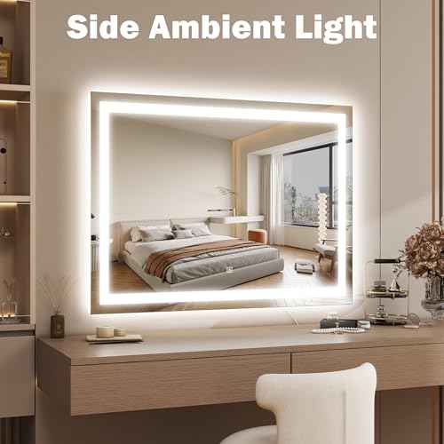 ROLOVE 38"x28" Inch Large Lighted Vanity Mirror, 3-Color Lighting & Dimmable Modes, LED Makeup Mirror for Bathroom/Dressing Room (Wall/Tabletop Mount, White)