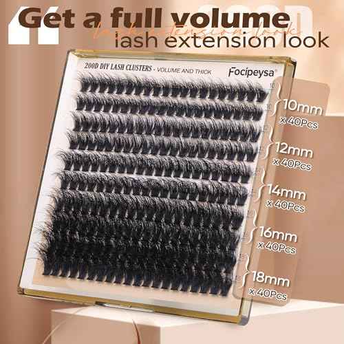 Focipeysa Lash Extension Kit Thick Eyelash Extension Kit 10-18mm Fluffy Lash Clusters 200D Individual Eyelashes Kit with Lash Bond, Lash Remover, Lash Applicator, DIY Lashes Extension