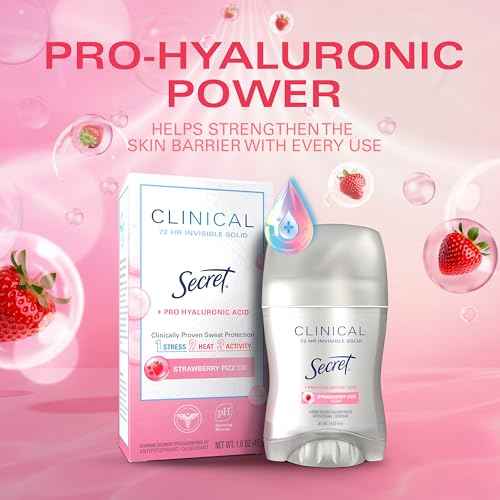 Secret Clinical Strength Antiperspirant Deodorant for Women, 3X Stress Protection, 72hr Sweat & Odor Protection, Pro-Hyaluronic Acid, Invisible Solid, Strawberry Summer Fizz Scent, 1.6 oz