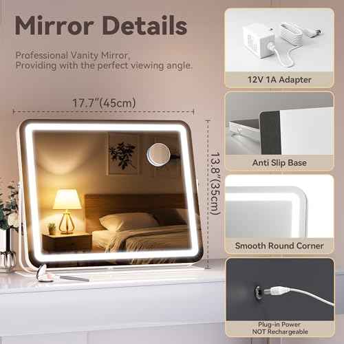 MINISO Vanity Mirror with Lights, 18" x 14" LED Makeup Mirror, Light & Brightness Adjustment, Smart Sensor, 360¡ÆRotation, Aluminum Alloy Metal White Frame, with 10X Magnifying Glass