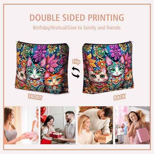 Bohemian Cat Makeup Bag Gift: Cute Boho Cats Themed Cosmetic & Toiletry Organizer Pouch For Daughters, Sisters, Friends,Teen Girls & Women.Ideal Gift For Travel, Birthdays, & Christmas.