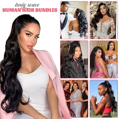 14A Human Hair Bundles 28 Inch Body Wave Bundles Human Hair 100% Unprocessed Brazilian Virgin Hair Body Wave 1 Bundle Human Hair Extensions for Women Natural Color Quick Weave