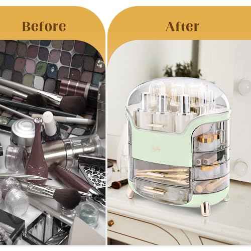 Makeup Organizer and Storage, Large Capacity Cosmetics Organizer with Waterproof and Dustproof, Makeup Organizer for Vanity with Lid and Drawer, Fit Bathroom,Bedroom, Desk,Countertops - Green