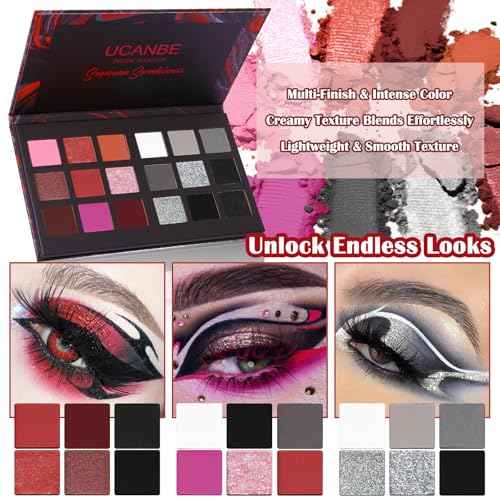 Black Red Goth Smokey Eyeshadow Palette Makeup-18 Colors Gray Silver Pink Burgundy Matte Shimmer Metallic Dark Eye Shadow Pallet for Christmas Halloween Clown Vampire Joker SFX Cosplay Costume Make Up