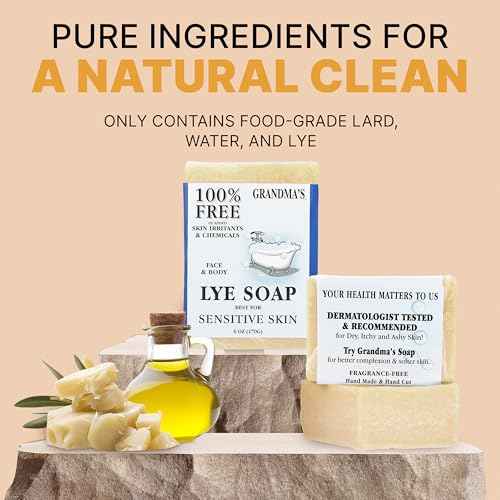 Grandma's Pure Lye Soap Bar by CLASSYONE ? Unscented Face & Body Wash Soap for Dry & Itchy Skin, Bundled with Wonder Wafers Baby Powder Air Freshener - 6.0 oz, Pack of 6