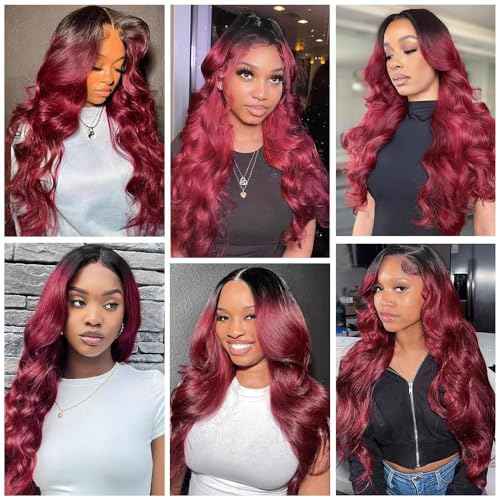 GABRIELLE 32 Inch Glueless Wig Body Wave Lace Front Human Hair Wigs 1B/99J Burgundy 5x5 HD Lace Closure Wigs 180 Density Pre Plucked Pre Cut Lace Virgin Human Hair Wigs for Women