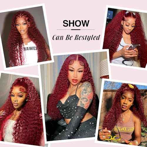 OUX Burgundy Wig Human Hair Real 280 Density 13x6 Deep Wave Lace Front Wigs Human Hair 99j Burgundy Lace Front Wigs Pre Plucked Red Colored Wigs Triple Lifespan (20 Inch)
