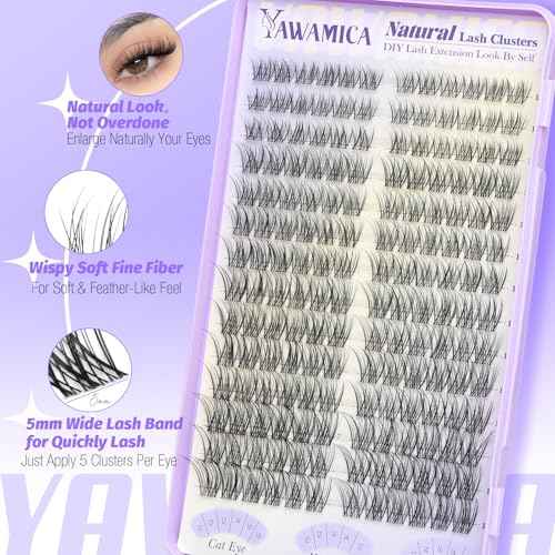 Natural Lash Clusters Wispy Eyelash Clusters Invisible Band Cluster Eyelash Extensions C Curl Individual Lashes 10-16mm DIY Cluster Lashes with Wide Clear Band for Easy Quick Application by Yawamica