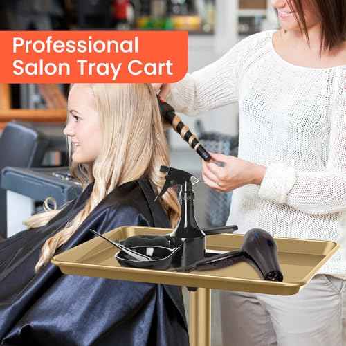 TASALON Premium Salon Tray on Wheels, Aluminum Salon Rolling Tray Trolley for Salon Essentials, Adjustable Height Provides Ample Storage for Hairstylist Tray, Tattoo Tray and Clinic Tray Use - Gloden
