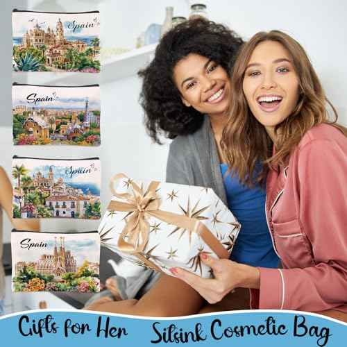 Spain Souvenirs Travel Essential Gifts - 4 Pcs Bulk European Trip Gifts from Spain, Scenic Spots Essentials Must Have Spanish Cosmetic Makeup Bags Purse for Women