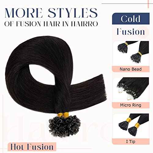 Hairro Pre Bonded Fushion Hair Extensions Nail Tip Human Hair Keratin U Tip Hairpieces Utip Remy Natural Glue Stick Flat Tipped Hairpiece For Women 100 Strands 16" 50g #1B Natural Black