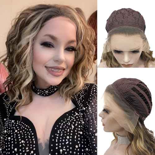 Synthetic Lace Front Wigs: Brown Highlight Ash Blonde 13*2 Inches Lace Front Wig, Short Bob Curly Wigs Synthetic Hair 16 Inches Wig Free Part with Natural Hairline Shoulder Length (Blonde Brown)