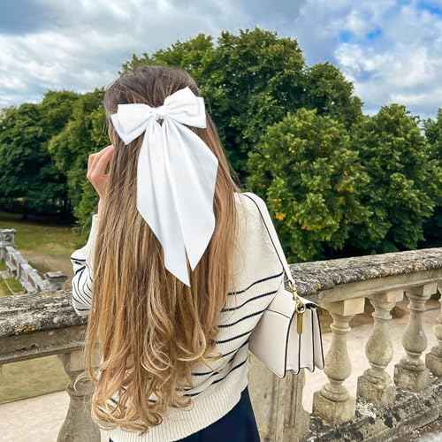 4 Pcs Hair Bows for Women Big Ribbon Bows for Hair Long Tail Bow Hair Clips Cute Hair Barrettes Hair Accessories for Girls (Blue + White + Gray + Black)