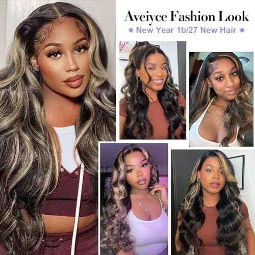 13x6 1b/27 Highlight Ombre Balayage Lace Front Wigs Human Hair Black and Blonde Body Wave Lace Frontal Wig Pre Plucked with Baby Hair for Black Women HD Transparent 180% Density Wig 24 Inch