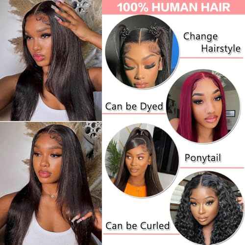 30 Inch Drawstring Straight Frontal Wig Hidden Strap Straight 13x6 Lace Frontal Wigs Human Hair Pre Plucked Pre Bleached Glueless Brazilian Wig Transparent Lace Wigs for Women