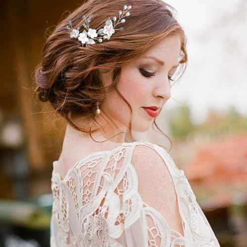 6 Pcs Flower Bridal Wedding Hair Pins Flower Rhinestone Pearl Hair Piece for Women Crystal Hair Accessories for Bride Bridesmaids Flower Girls(Silver)