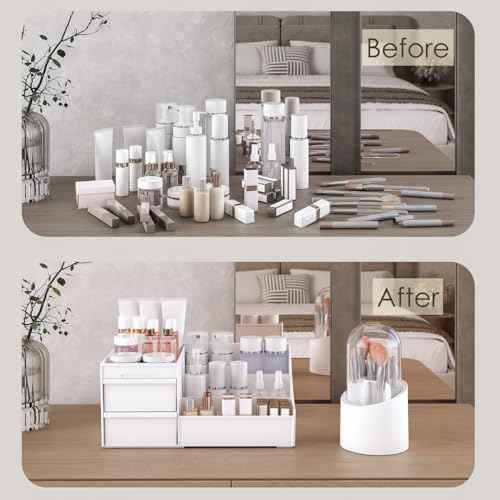 Makeup Organizer and Brush Holder Set with 3 Drawers, Space-Saving Cosmetic Storage for Vanity, Skincare, and Beauty Products - White
