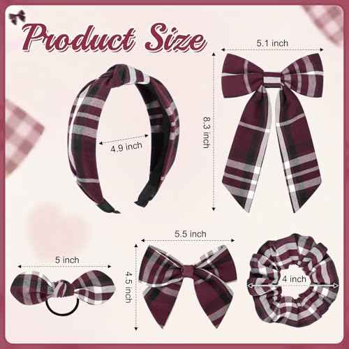 DEEKA 5 Styles Uniform Plaid Long Tail Hair Bows Knotted Headband Scrunchies Bow Set Alligator Clips Back to School Accessories for Toddler Little School Girls (Burgundy 5 Styles)