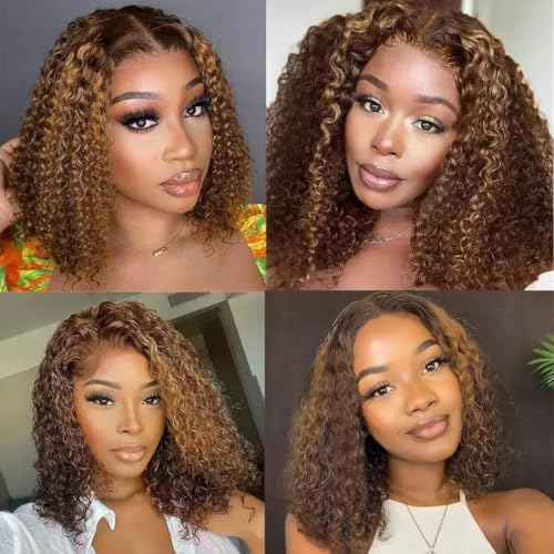 Glueless Wigs Human Hair Pre Plucked Pre Cut 4/27 Highlight Ombre Honey Blonde Curly Bob Wig Human Hair for Beginners 4x4 Deep Wave Lace Closure Glueless Wigs for Black Women 12 Inch