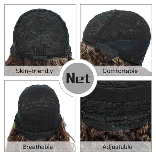 12" Highlights Curly Human Hair Wig with Bangs Short Curly Bob Wigs for Black Women Water Wave Human Hair Wig with Bangs Blonde Highlight Curly Wigs Wear and Go None Lace Front Glueless Wig F4/27