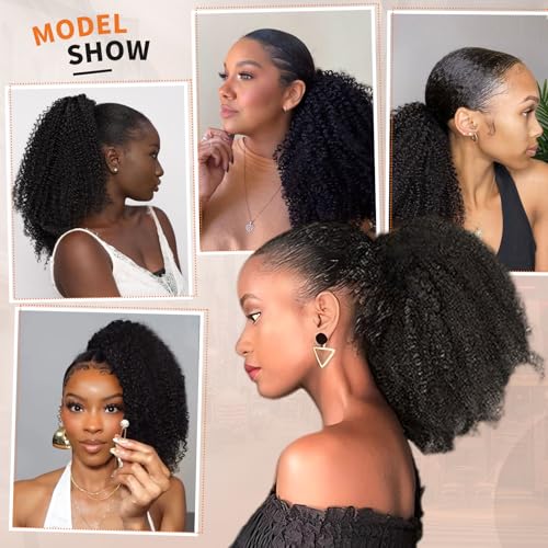 Afro Kinky Curly Ponytail Human Hair 150% Density Brazilian Virgin Hair 4C Afro Puff Drawstring Ponytail Extension for Black Women Natural Color 16 Inch