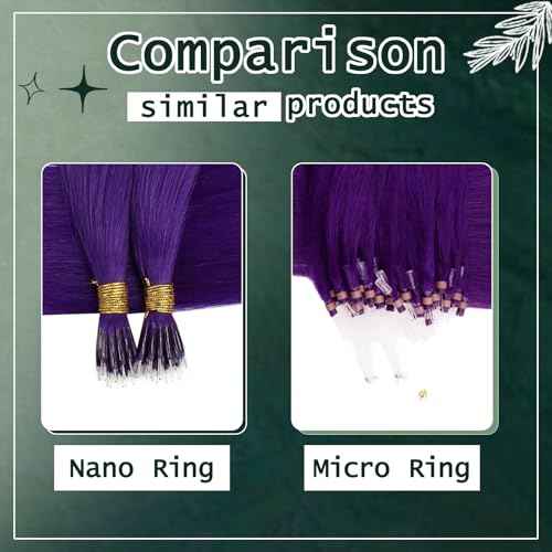 RUNATURE Nano Extensions Real Human Hair Purple Hair Extensions 16 Inch Nano Ring Hair Extensions Remy Real Hair Extension Nano Bead For Party 50g 50s