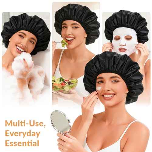 Shower Cap for Women, 2-in-1 Reusable Waterproof Shower Cap with Terry Cloth Lining, Bath Cap for Long Curly Thick Hair(Black)