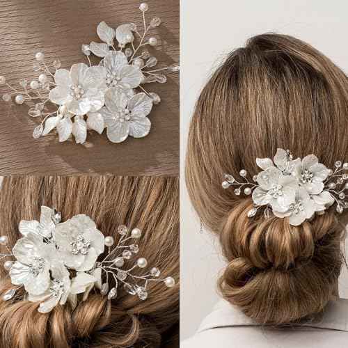 3 PCS Large Flower Bridal Wedding Hair Pins Crystal Pearl Hair Clips Headpiece Bride Hair Accessories Jewelry with Rhinestone, Glitter Emboss White Flower