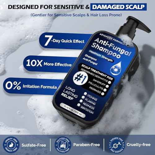 Antifungal Shampoo for Seborrheic Dermatitis, Folliculitis & Scalp Psoriasis, Anti-Dandruff Shampoo for Men & Women, Relieves Scalp Itching, Dryness, Sulfate & Paraben-Free, 10.1 Fl Oz