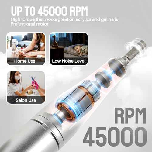 Electric Nail Drill Portable Nail Drill Professional 45000 RPM 6 Salon Quality Drill bits 6 Sanding Bands Portable & Low Noise for Acrylic Nails Gel Polishing Removing Bits Kit for Home Use