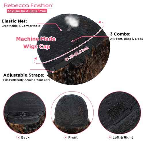 Rebecca Fashion Highlight Curly Bob Human Hair Wig with Bangs 12 Inch Short Curly Water Wave Bob Wig Human Hair Wigs for Black Women Glueless Wig 100% Brazilian Remy Hair Black Mixed Brown Color