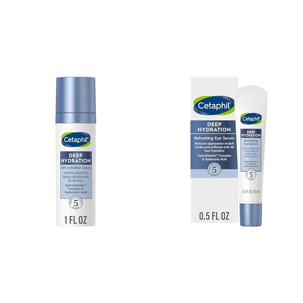 Cetaphil Deep Hydration Fragrance Free 48 Hour Activation Serum, 1 fl oz & Deep Hydration Refreshing Eye Serum, 0.5 fl oz, 48Hr Hydrating Under Eye Cream