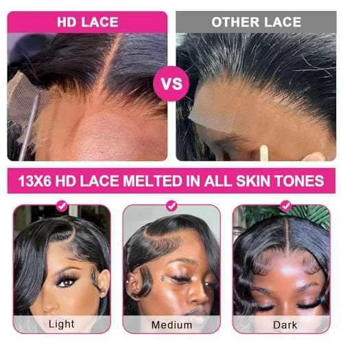 13x6 Lace Front Wigs Human Hair 180% Density HD Transparent Body Wave Lace Front Wigs Human Hair Body Wave Glueless Frontal Wig Human Hair for Women Pre Plucked with Baby Hair Natural Black