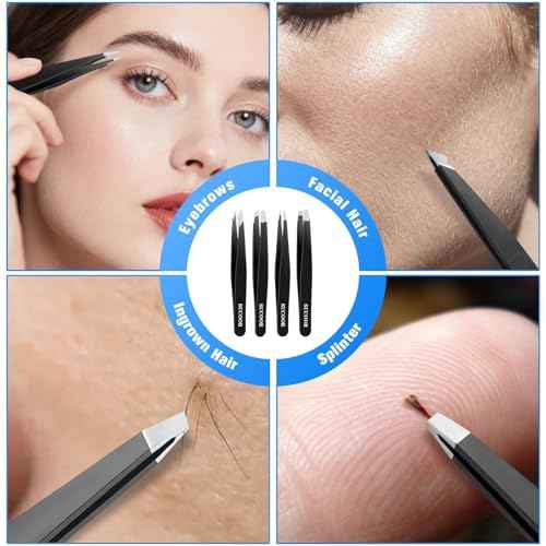 Tweezers for Women Facial Hair, 4Pcs Professional Beauty Tools Stainless Steel Precision Eyebrow Tweezers for Splinter Blackhead and Ingrown Hair Removal, Black