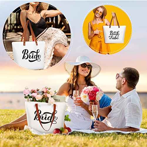 Hillban 14 Pcs Bridesmaid Canvas Bride Tote Bag and Makeup Bag Large Wedding Bachelorette Gifts Bridal Shower Gifts(Classic Style)