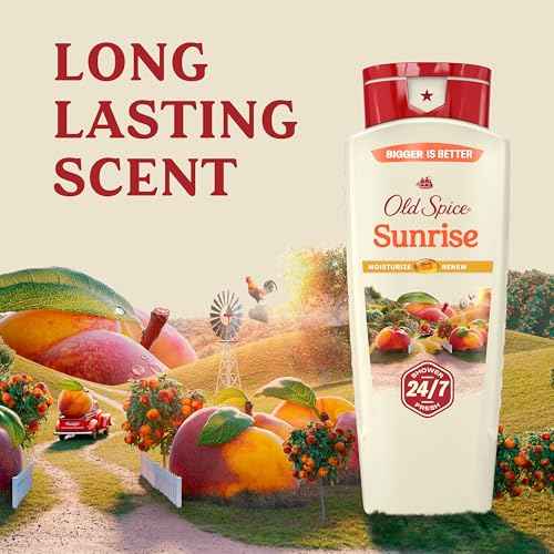 Old Spice Cleansing Body Wash for Men, 24/7 Shower Fresh with Lasting Scent, Moisturize & Renew, Gentle on Skin, Vitamin B3, Sunrise with Peach + Mandarin Peel Scent, 18 oz