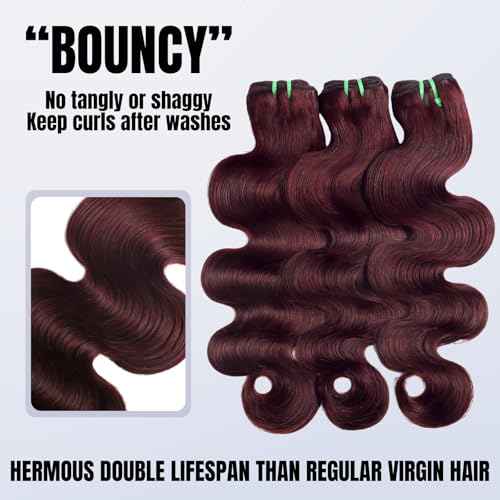 13A Double Drawn Dark Burgundy 99J Bundles Human Hair Body Wave with 2x6 Lace Closure deep part, 100% Raw Hair Wavy Extension Colored Cherry Red #99J 3 Bundles with 2 by 6 Closure 12 14 16+12